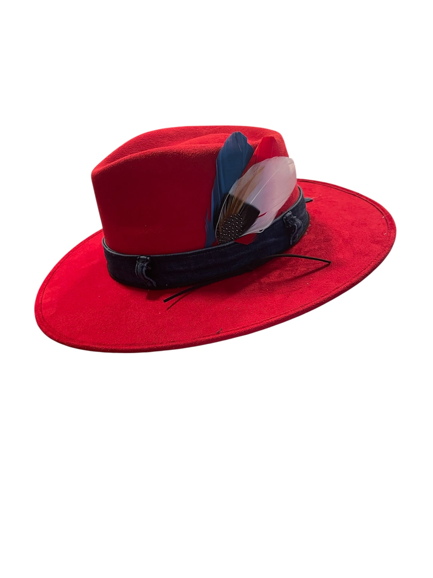 Amour Red Tear Drop Rancher with Denim Band and Feathers