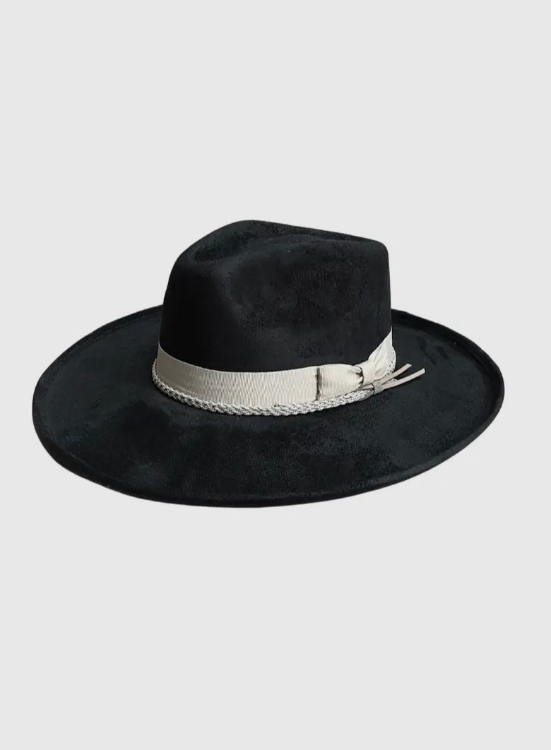 Amour Black w/Grey Bow Vegan Suede Pencil Curl Stiff Fedora