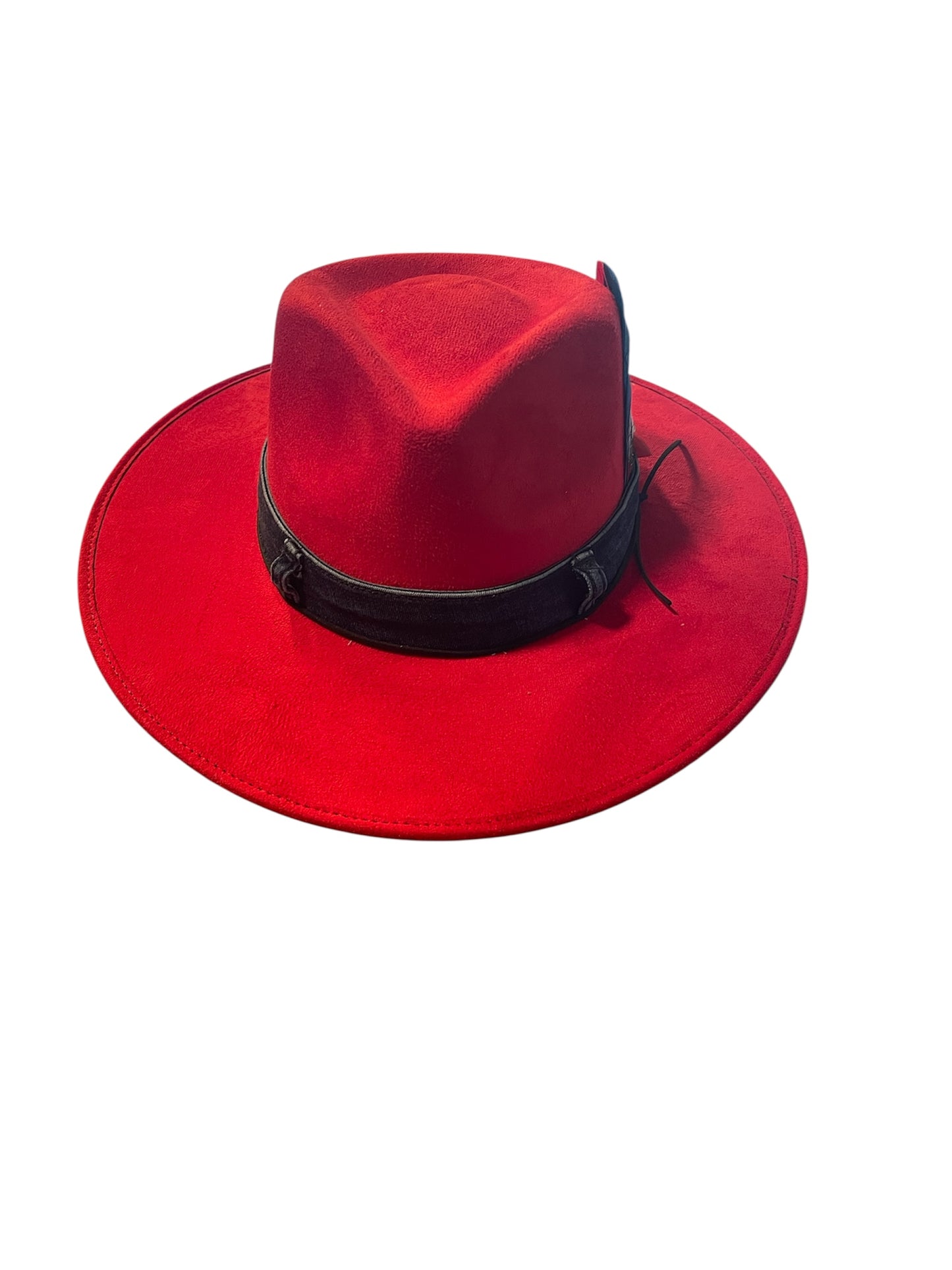 Amour Red Tear Drop Rancher with Denim Band and Feathers