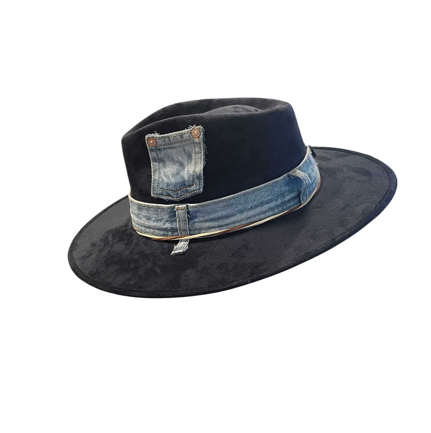 Amour Navy Blue Tear Drop Rancher with Denim Band and Feathers