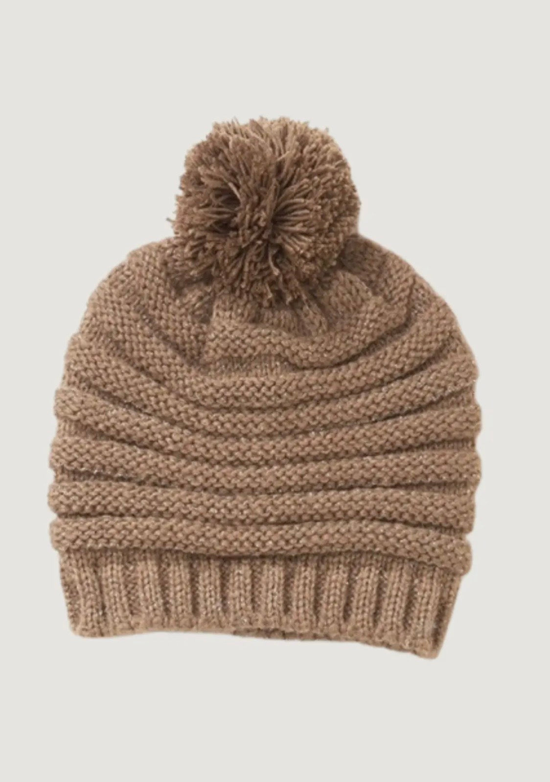 Amour Taupe Chunky Ribbed Pompom Cc Beanie, Ultra Soft Plush