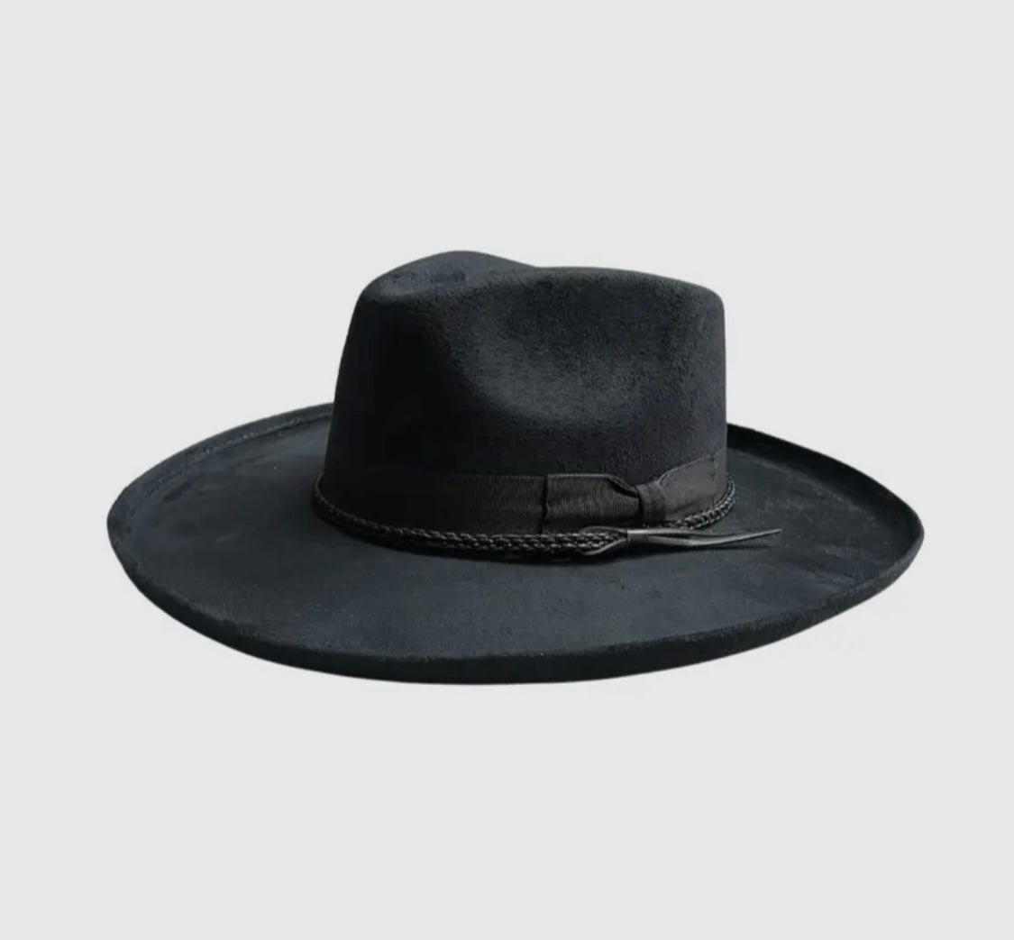 Amour Black Vegan Suede Pencil Curl Stiff Fedora with Black Band