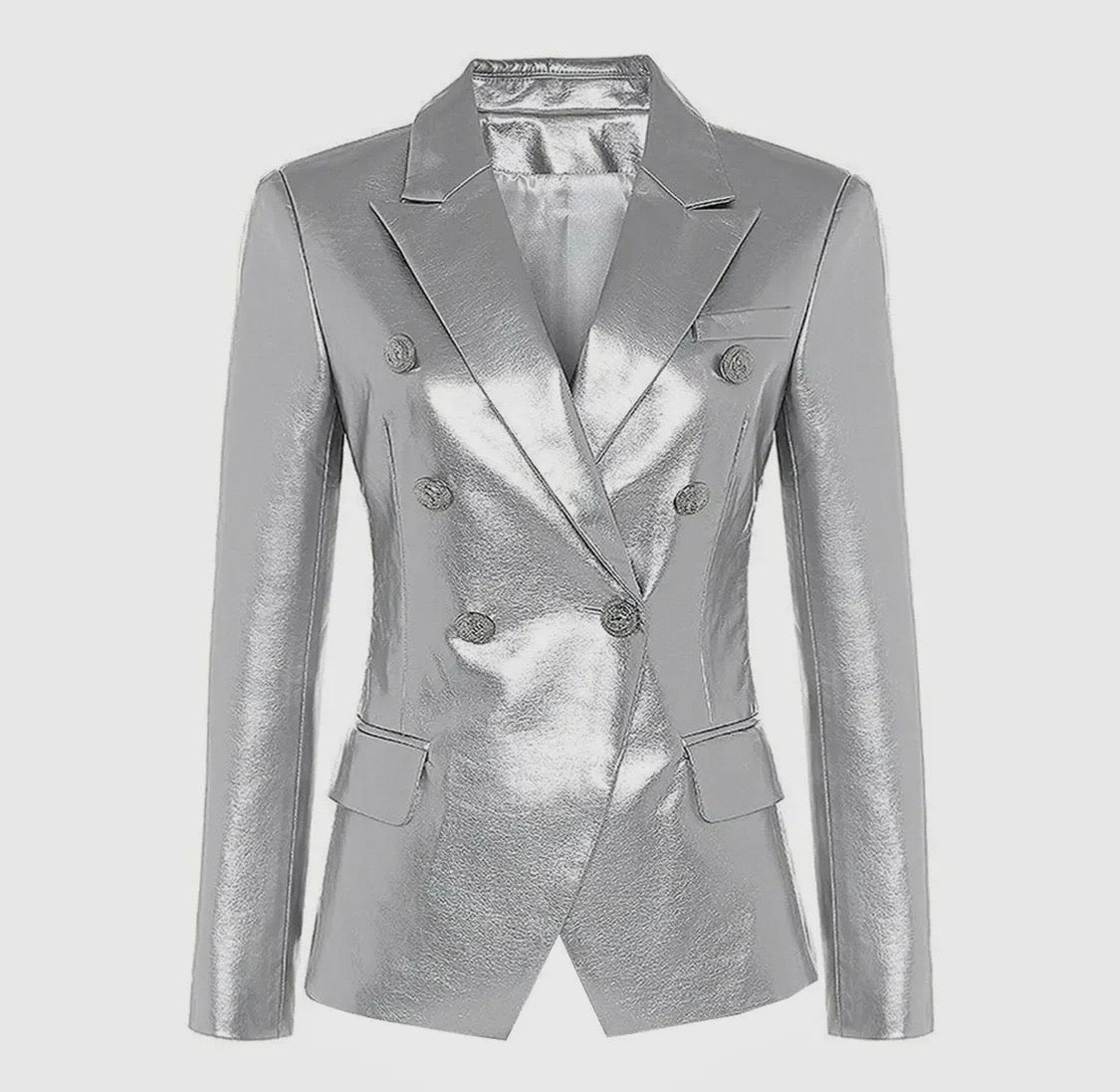 Amour Vivid Silver Faux Leather Slim Fit Blazer
