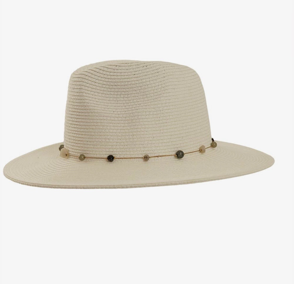 Amour White Safari Straw Sunhat with Bead Trim-Styled Jewel