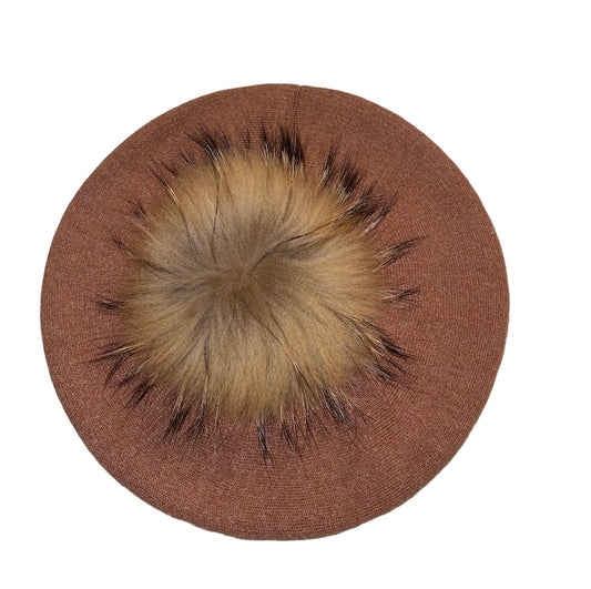 Amour Brown Cashmere Beret with Puffball
