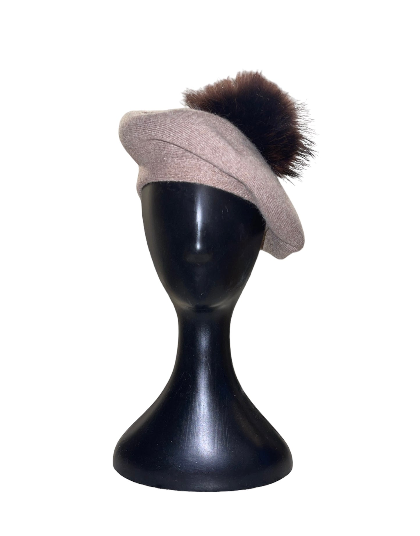 Amour Khaki Cashmere Beret with Puffball
