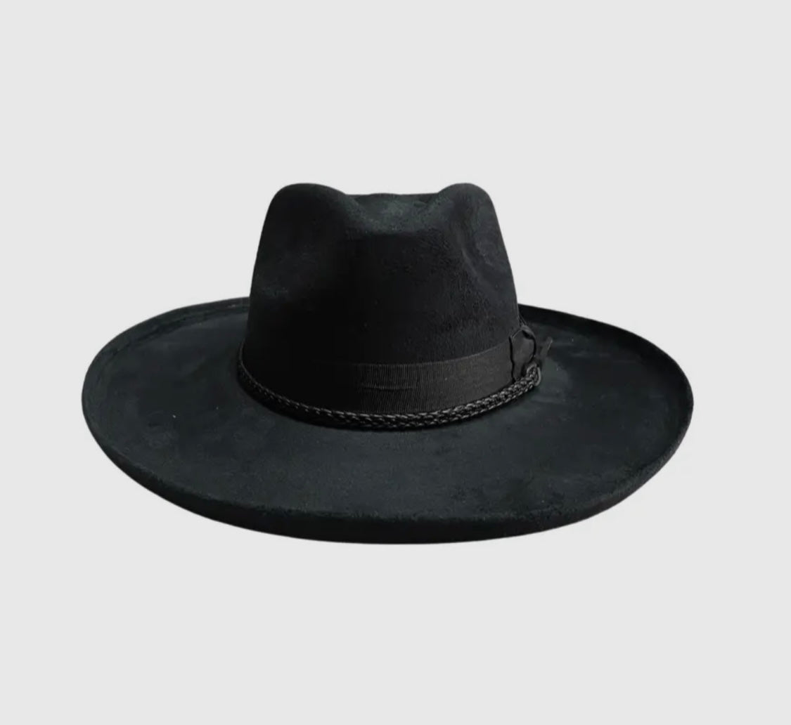 Amour Black Vegan Suede Pencil Curl Stiff Fedora with Black Band