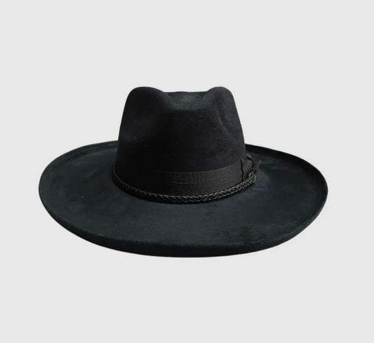 Amour Black Vegan Suede Pencil Curl Stiff Fedora with Black Band