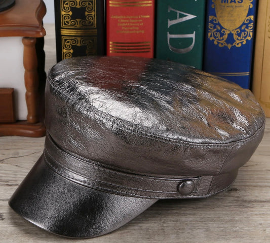 Amour Metallic Silver Genuine Leather Baker Boy Cap