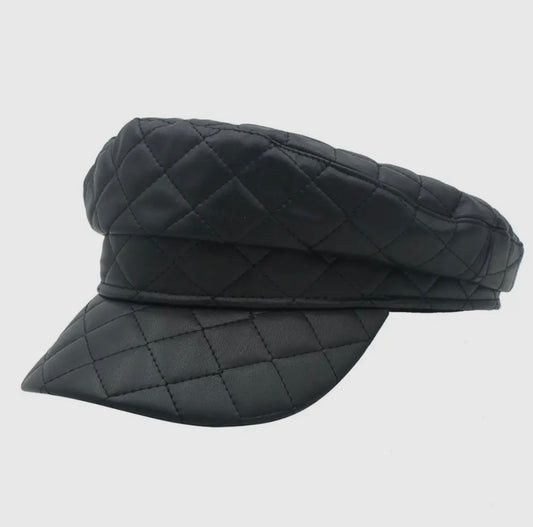 Amour Black Quilted Faux Leather Baker Boy Cap