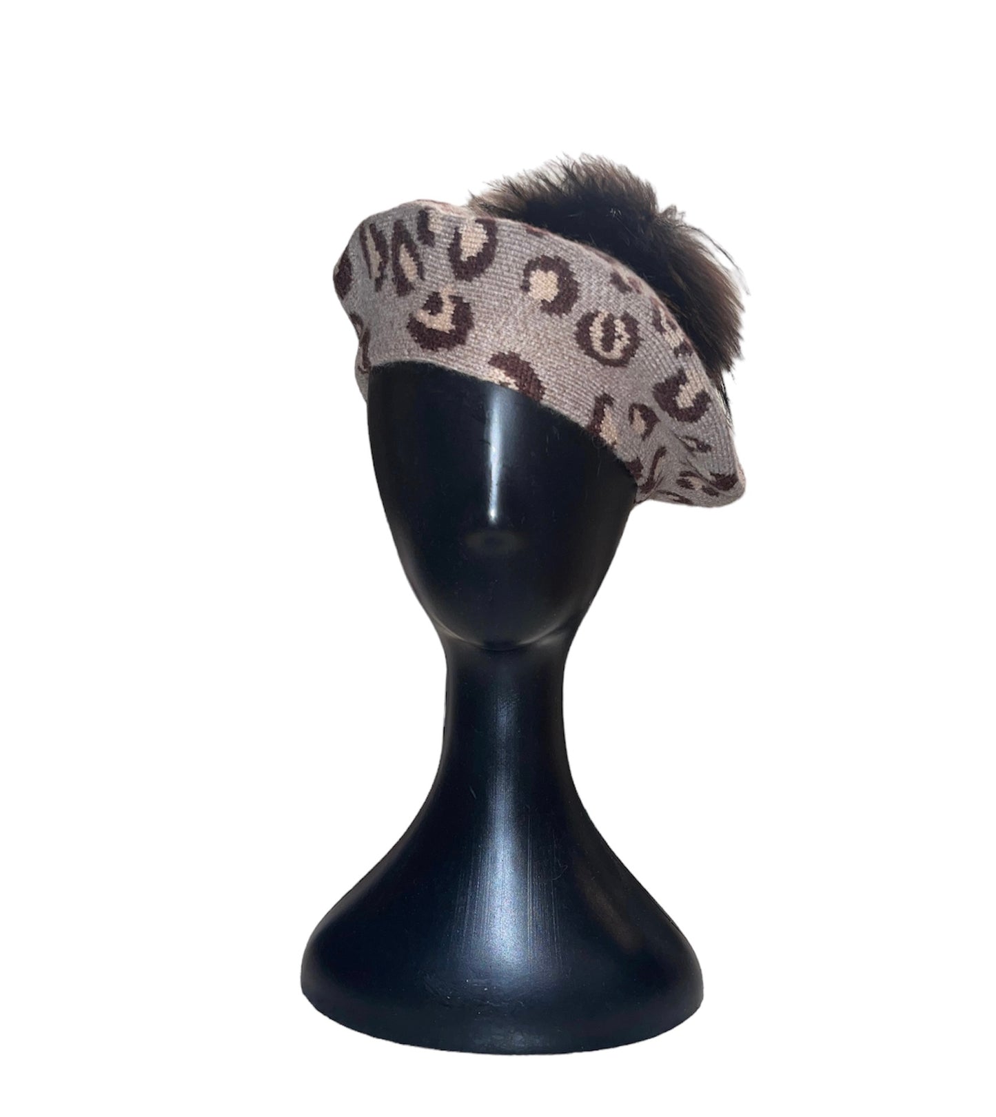 Amour Tan Leopard Cashmere Beret with Puffball