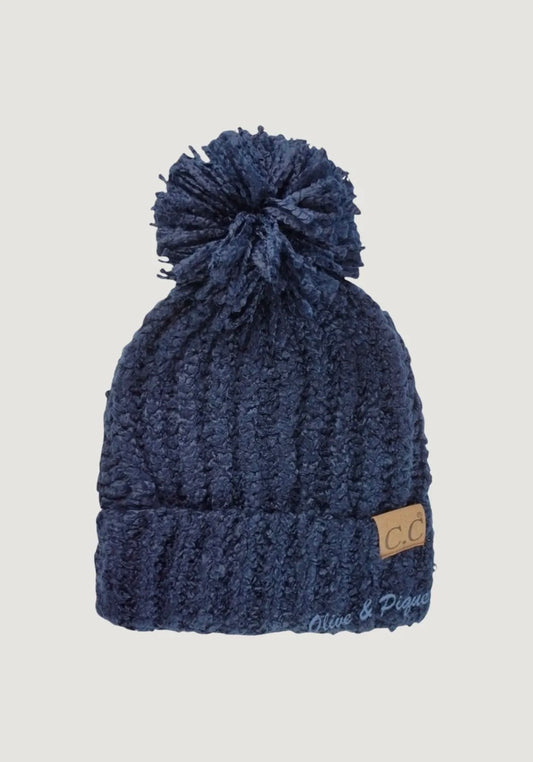 Amour Navy Chenille Pompom CC Beanie, Ultra Soft Plush