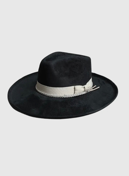 Amour Black w/Grey Bow Vegan Pencil Curl Stiff Fedora