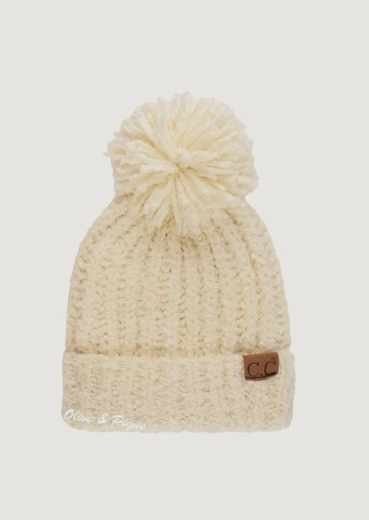 Amour Cream Chenille Pompom CC Beanie, Ultra Soft Plush