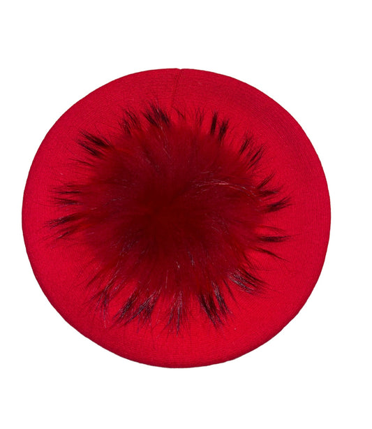Amour Red Cashmere Beret with Puffball
