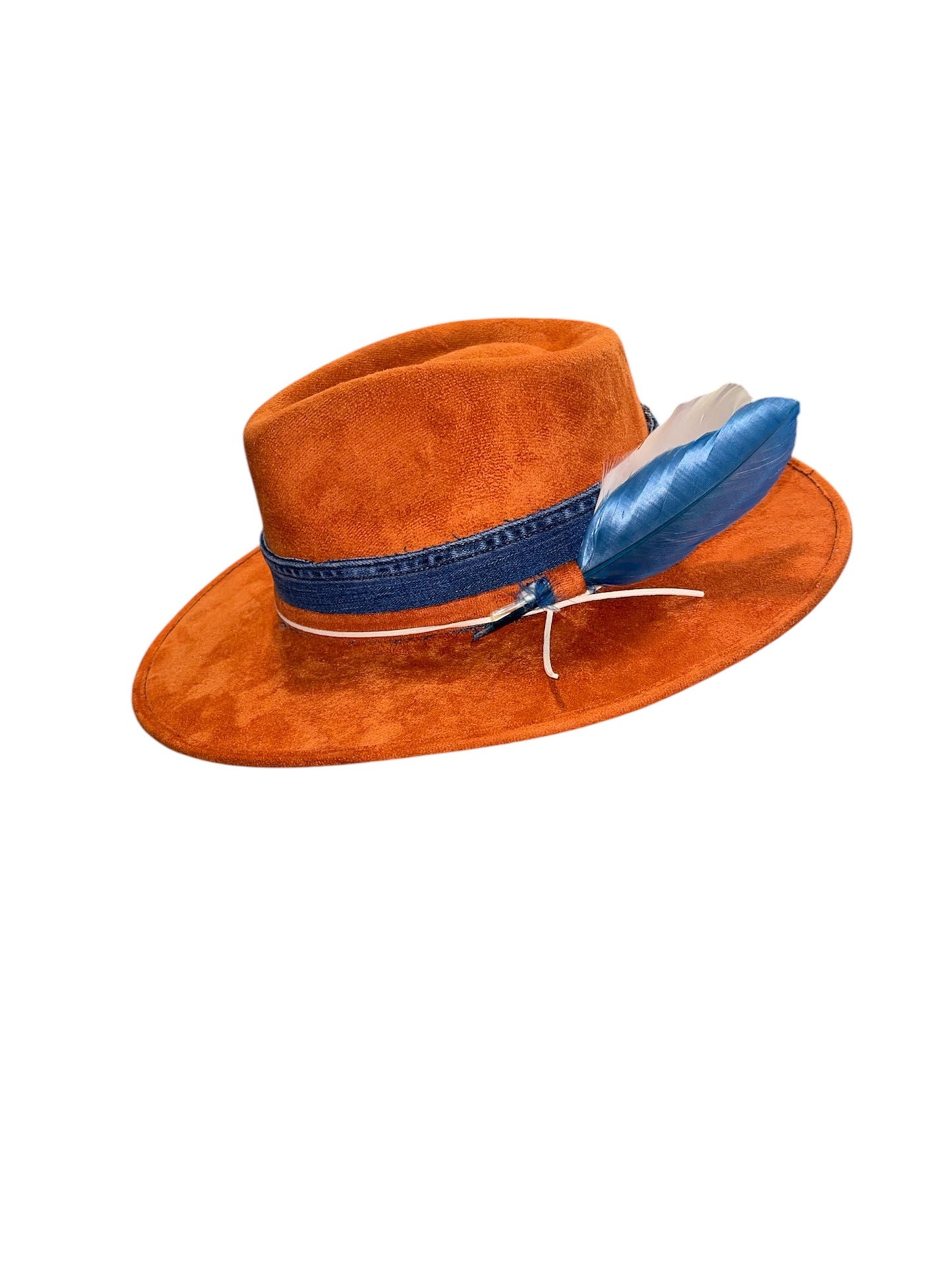 Amour Orange Vegan Suede Rancher with Denim Band and Feathers