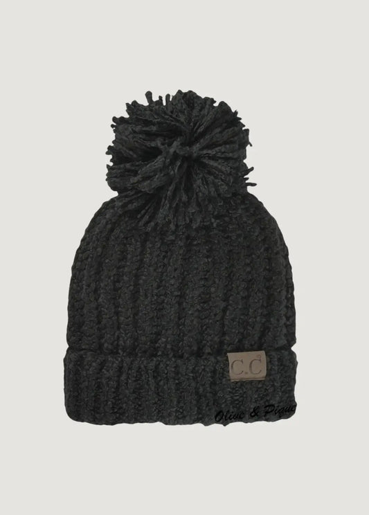 Amour Black Chenille Pompom CC Beanie, Ultra Soft Plush