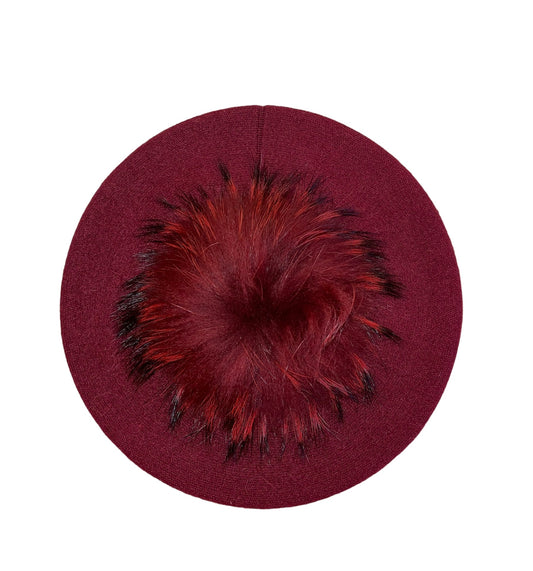 Amour Burgundy Cashmere Beret with Puffball