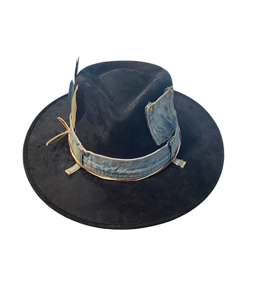 Amour Navy Blue Tear Drop Rancher with Denim Band and Feathers