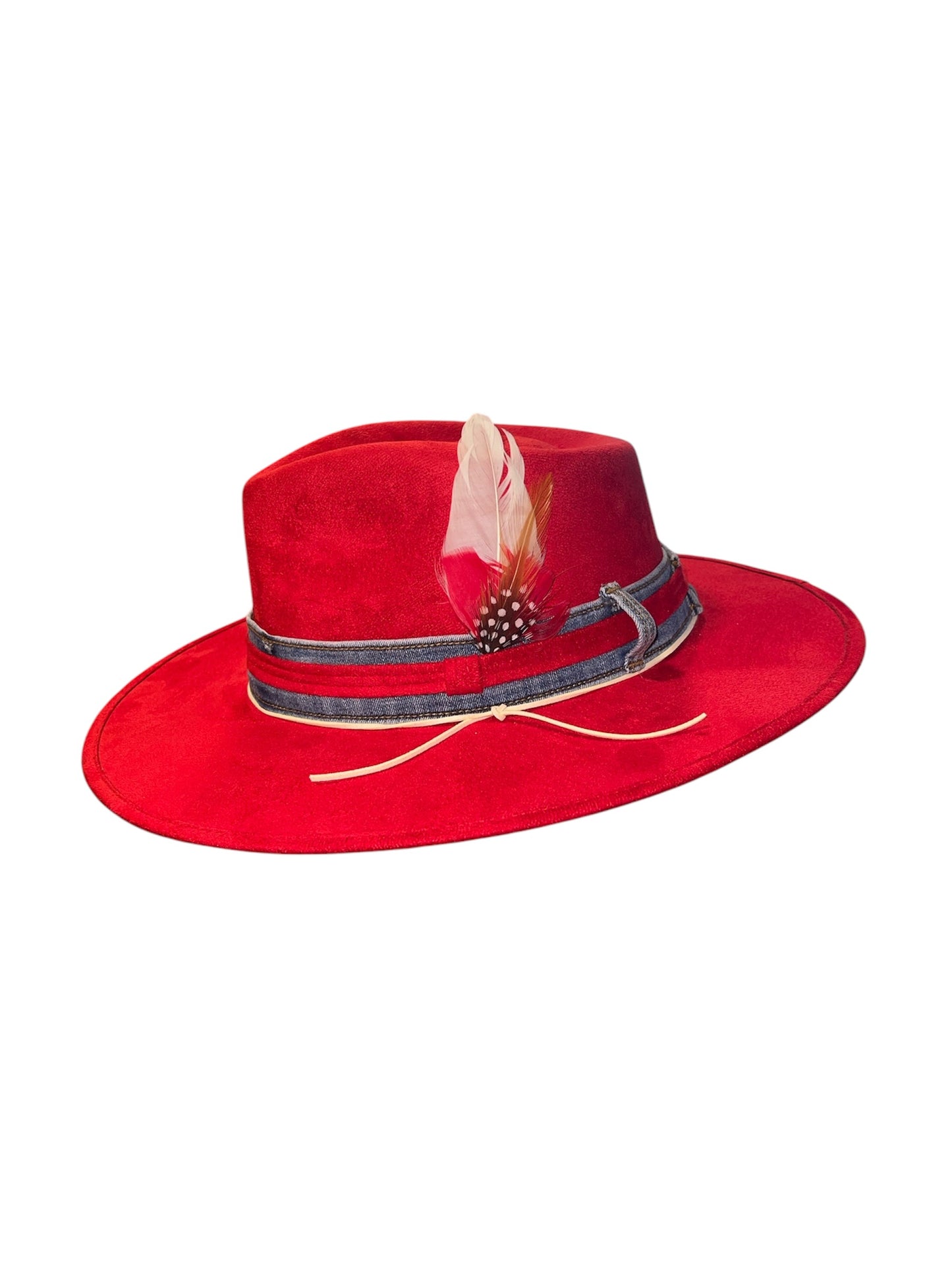 Amour Red Vegan Suede Rancher with Denim & Red Band (Feathers)