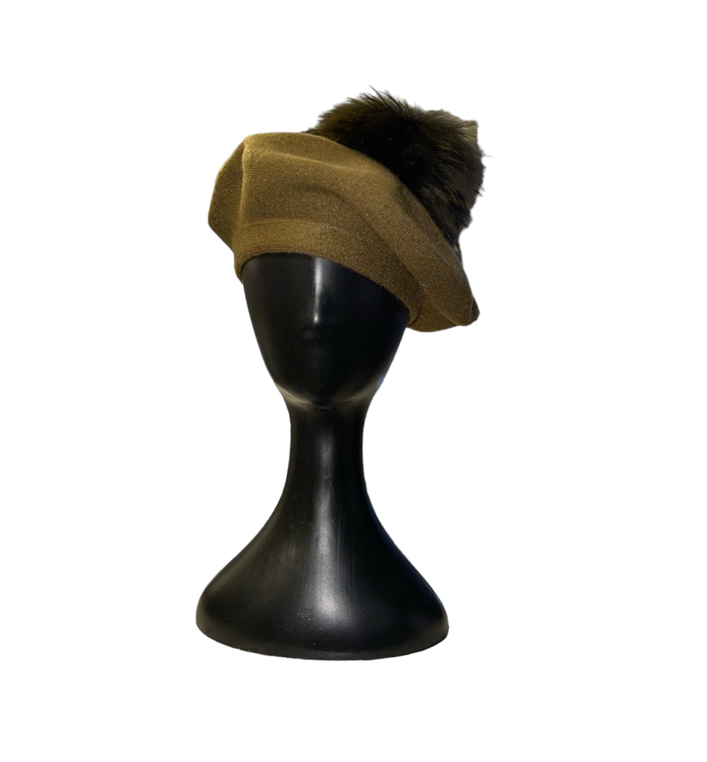 Amour Army Green Cashmere Beret with Puffball