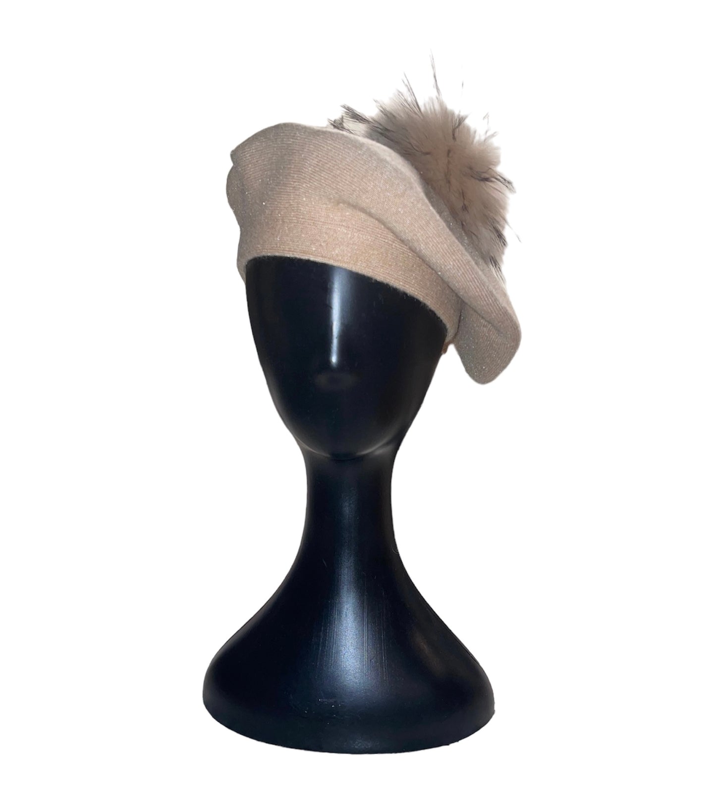 Amour Tan Cashmere Beret with Puffball