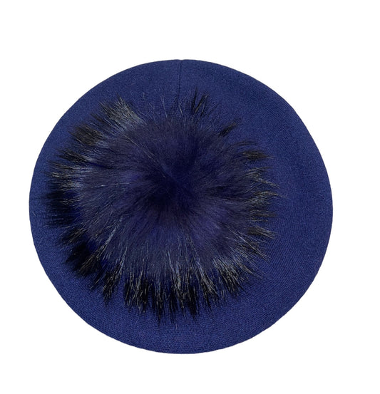 Amour Navy Blue Cashmere Beret with Puffball