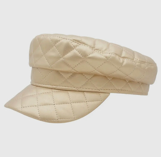 Amour Gold Quilted Faux Leather Baker Boy Cap