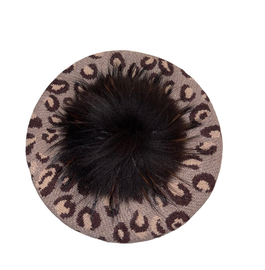 Amour Tan Leopard Cashmere Beret with Puffball