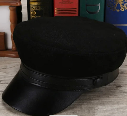 Amour All Black Genuine Leather Baker Boy Cap