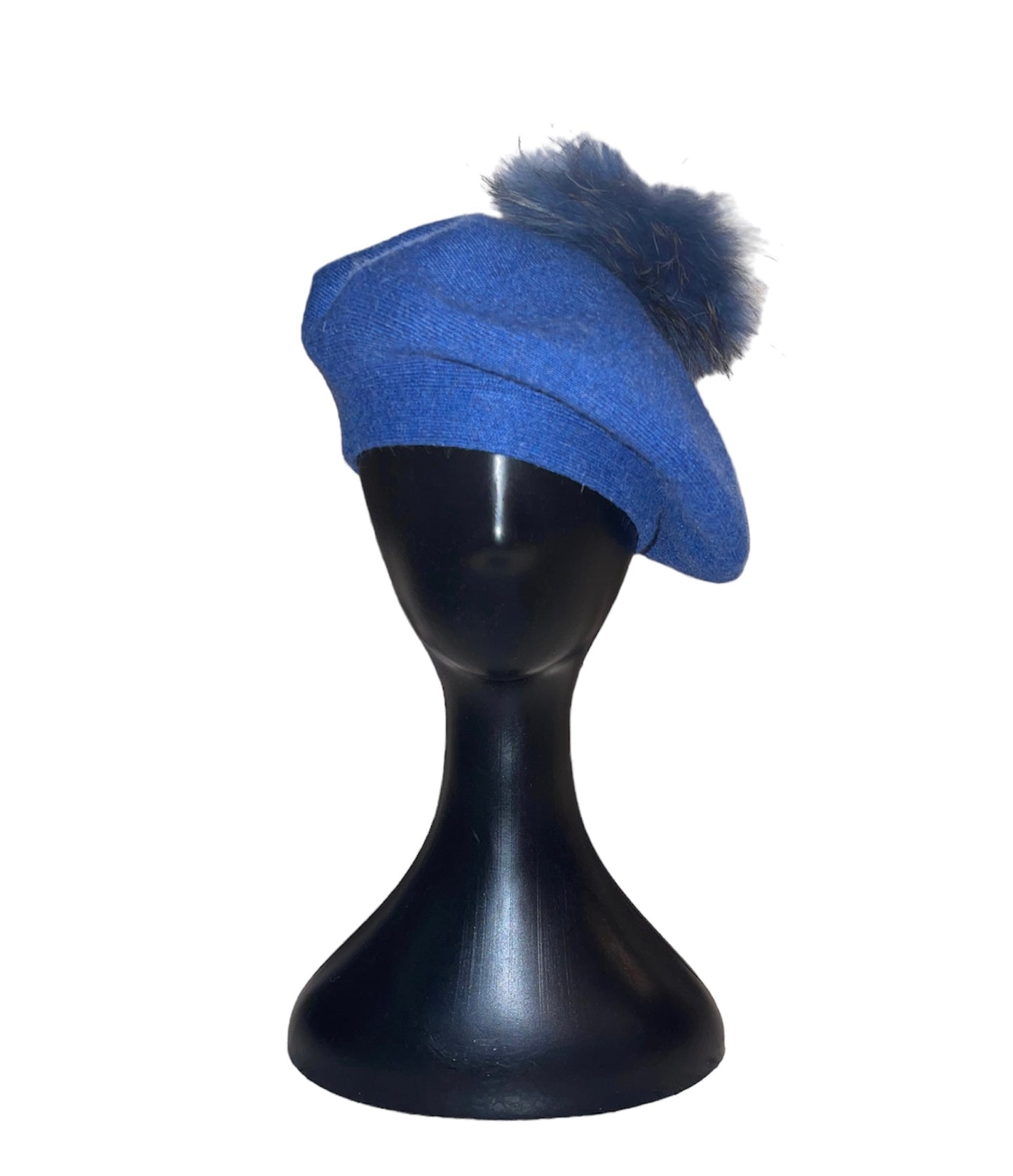 Amour Denim Cashmere Beret with Puffball