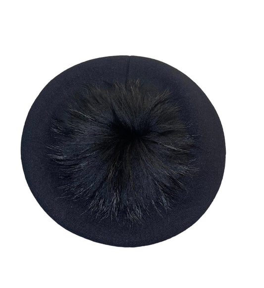Amour Black Cashmere Beret with Puffball