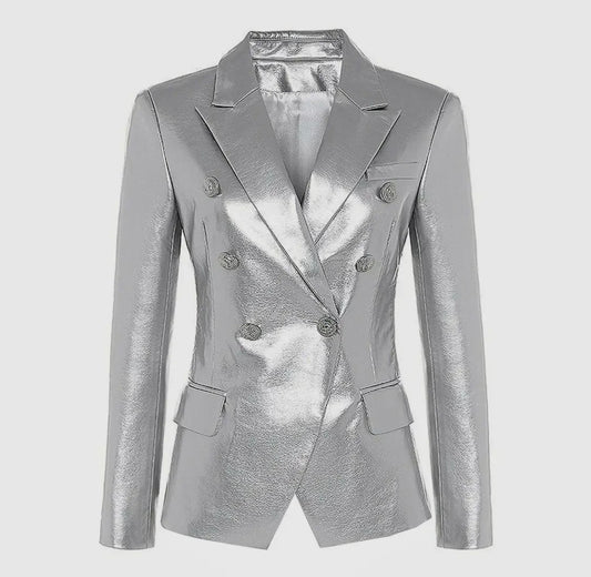 Amour Vivid Silver Faux Leather Slim Fit Blazer