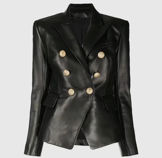 Amour Vivid Black Faux Leather Slim Fit Blazer