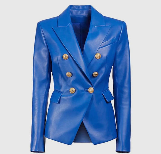 Amour Vivid Blue Faux Leather Slim Fit Blazer