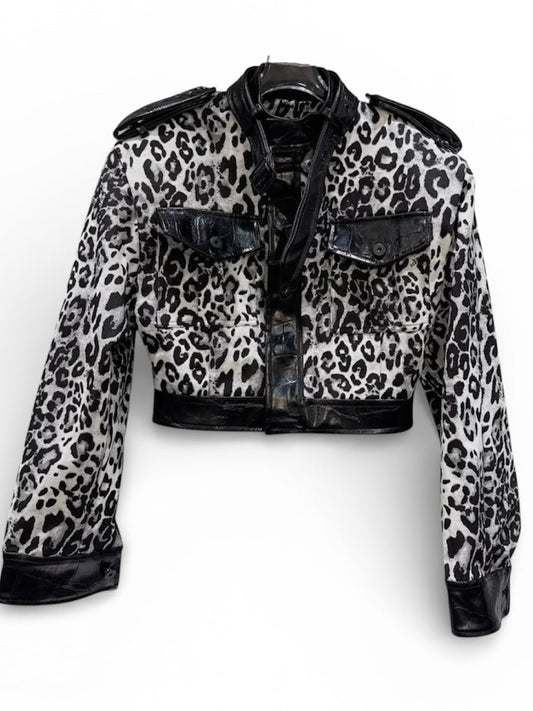 Amour Leopard Black and White Patch Faux Crop Leather Jacket