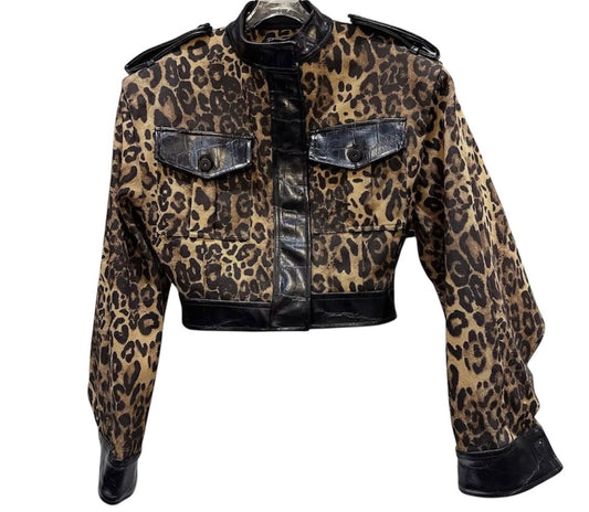 Amour Leopard Patch Faux Crop Leather Jacket