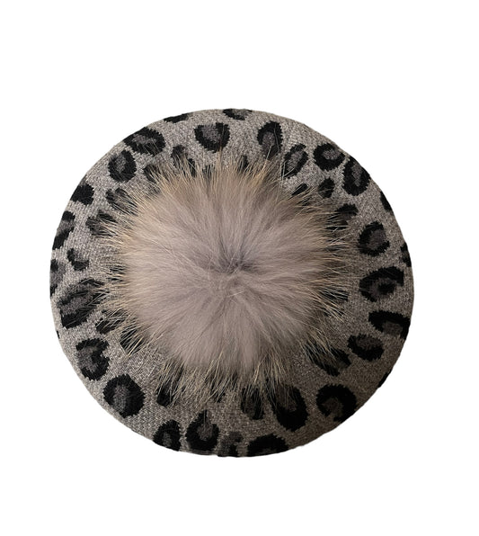 Amour Grey Leopard Cashmere Beret with Puffball