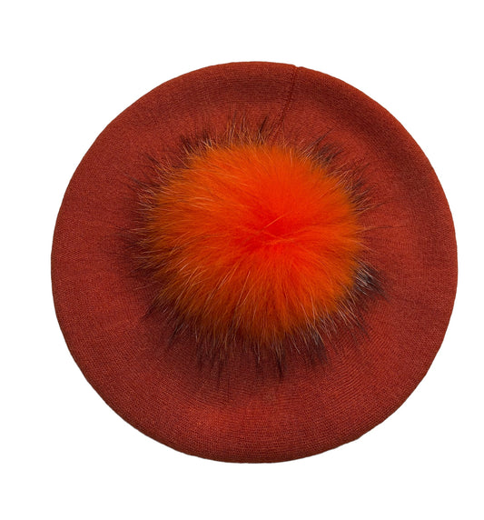 Amour Rust Cashmere Beret with Puffball